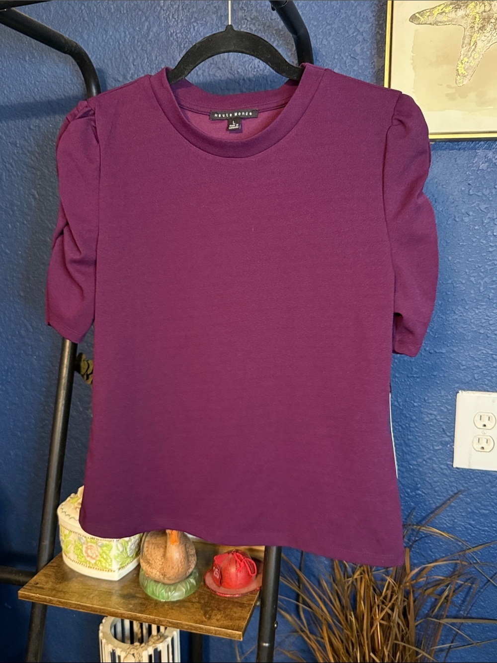 Haute Monde Plum Short Sleeve Puff Shoulder Top